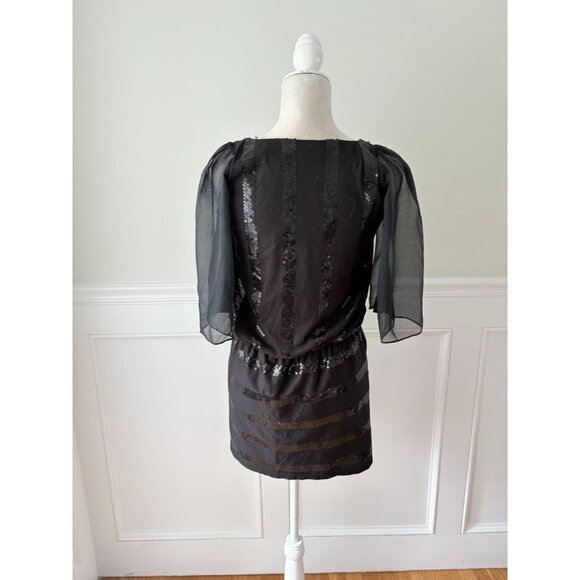 Black Sequin Blouson Dress With Sheer Sleeves By Collective Concepts S - Picture 4 of 5